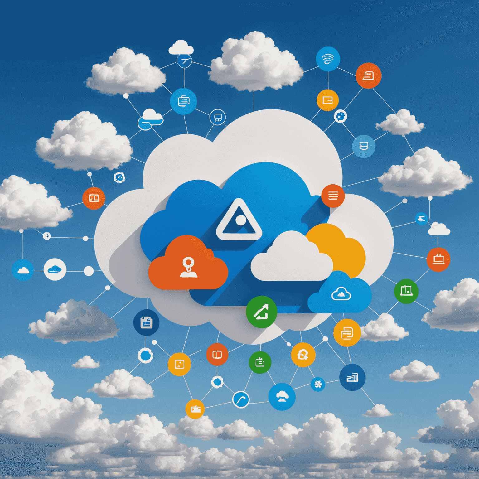 Wizualizacja chmury obliczeniowej z ikonami AWS, Azure i Google Cloud Platform unoszącymi się wokół centralnej chmury